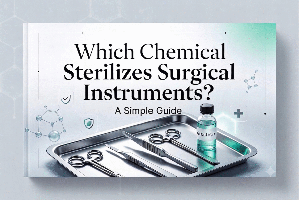 Which Chemical Sterilizes Surgical Instruments? A Simple Guide" with surgical tools and a Glutaraldehyde bottle.