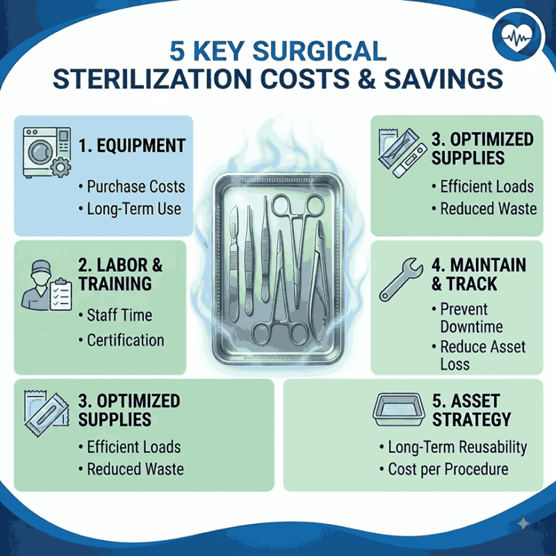 Infographic detailing 5 key factors for surgical sterilization costs and savings, including equipment and labor.