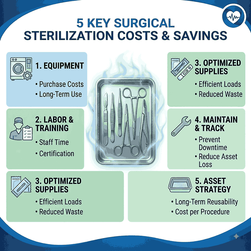 Infographic detailing 5 key factors for surgical sterilization costs and savings, including equipment and labor.
